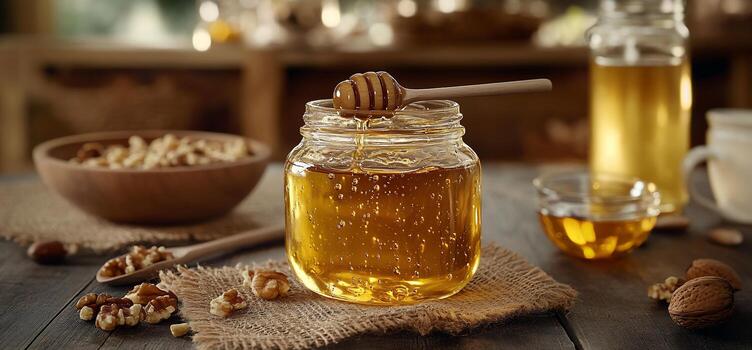 golden honey in jar with walnuts on rustic table free photo